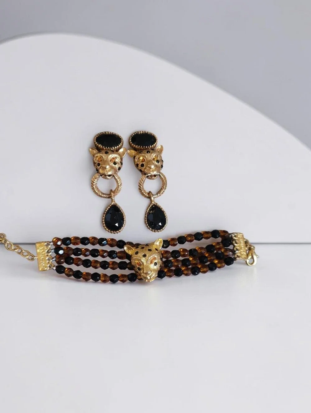 🐆 Vintage RJ Graziano Crystal Leopard Bracelet And Earring Set - Picture 2 of 13